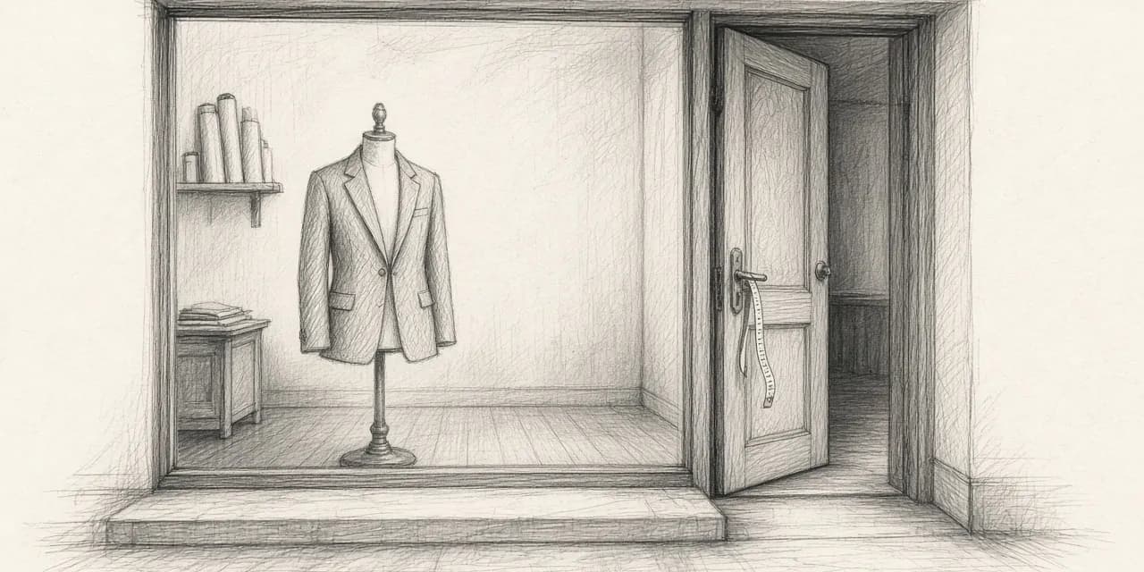 Uno schizzo a grafite di una piccola sartoria: una giacca su un manichino in vetrina e, dietro l’angolo, una stretta porta sul retro socchiusa, con un metro da sarta appeso alla maniglia.