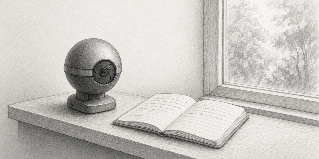 Uno schizzo a grafite di una piccola telecamera a cupola su una mensola, con l’obiettivo chiuso, rivolta verso una finestra, accanto a un quaderno aperto con righe di scrittura a mano che scendono lungo la pagina.