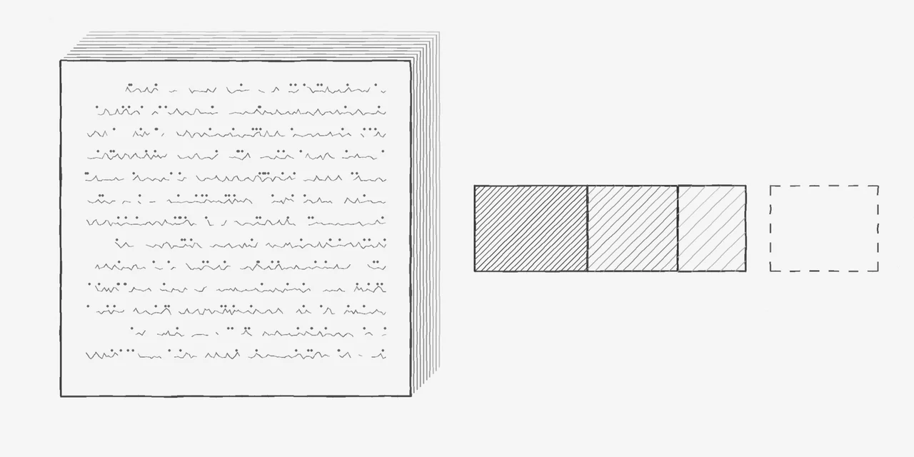 Uno schizzo a grafite di un’alta pila di fogli coperti da una scrittura ondulata e illeggibile, accanto a una barra disegnata a mano divisa in tre segmenti ombreggiati e, vicino, un quarto segmento tracciato solo con un contorno a puntini.