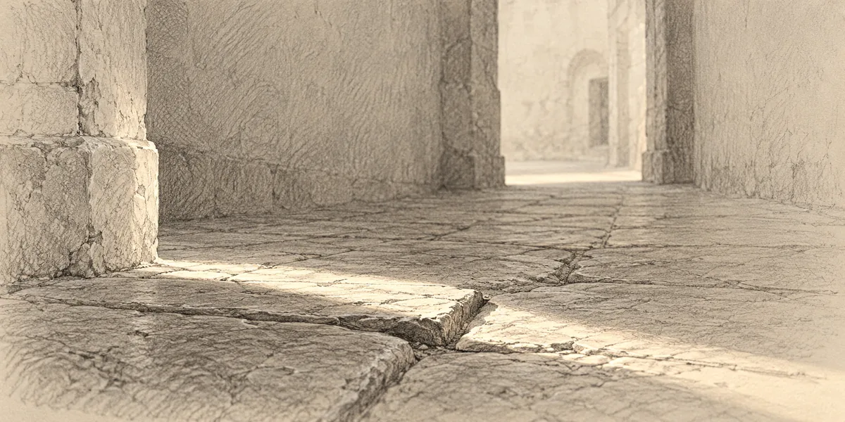 Un passaggio vuoto, con una lastra di pietra leggermente rialzata resa visibile da una striscia di luce.