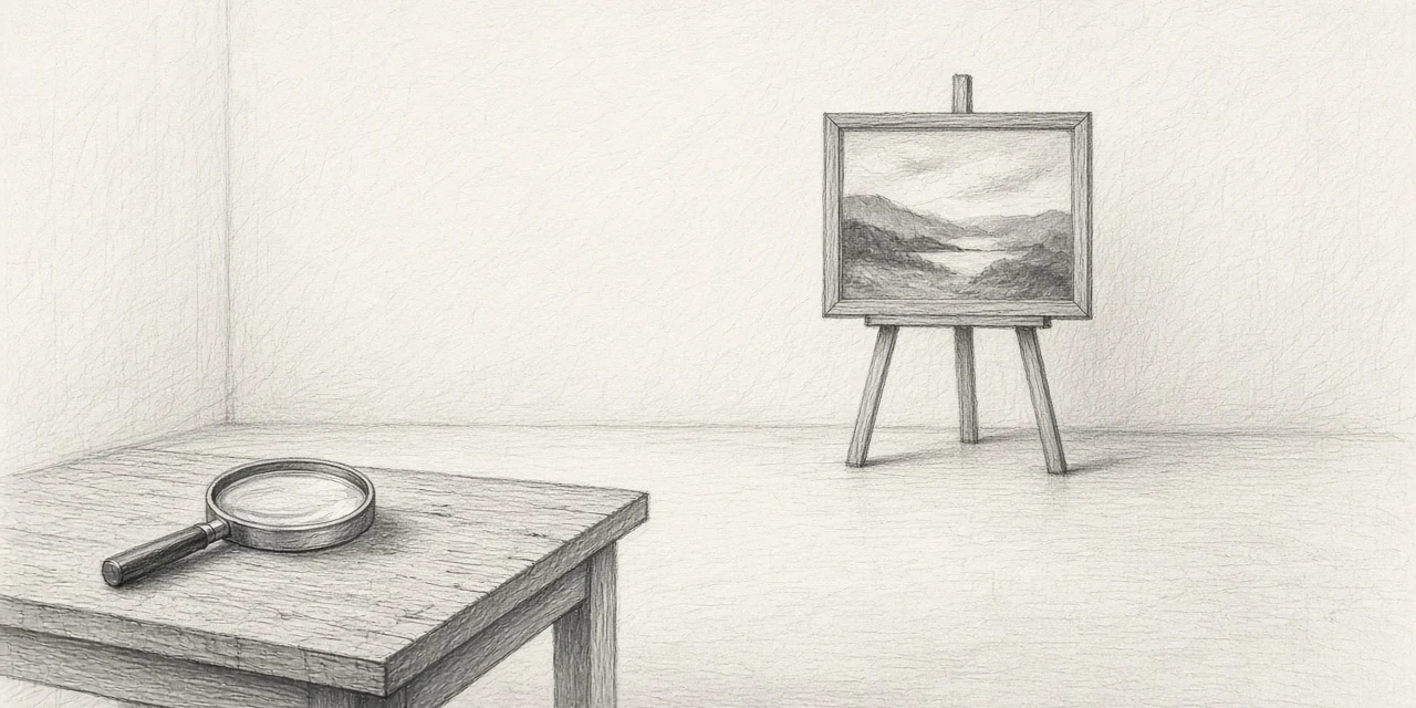 Uno schizzo a grafite di un piccolo paesaggio incorniciato, appoggiato su un cavalletto in fondo a una stanza spoglia; in primo piano, su un tavolo di legno, una lente d’ingrandimento posata sul piano.