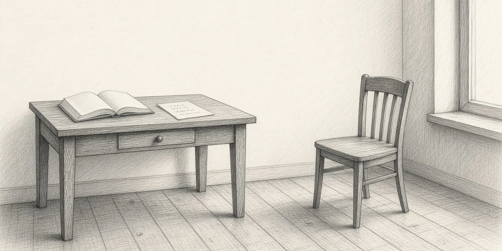 Disegno a grafite di un libro aperto su una scrivania, accanto a un foglio con gruppi di cinque lettere, e di una sedia vuota vicino a una finestra alta.