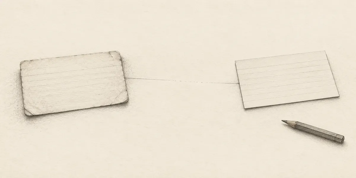 Due cartellini d’archivio separati da una linea a matita che si dissolve nello spazio vuoto.